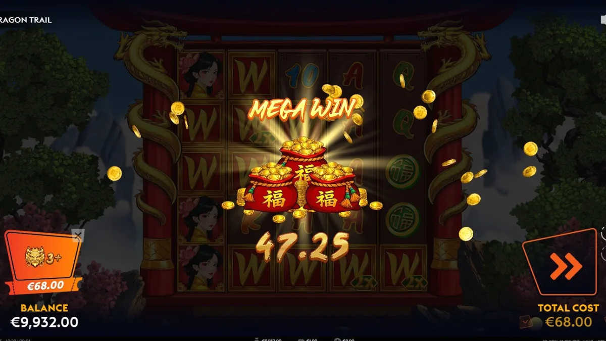 Tampilan visual slot Dragon Trail dengan naga emas dan elemen pagoda